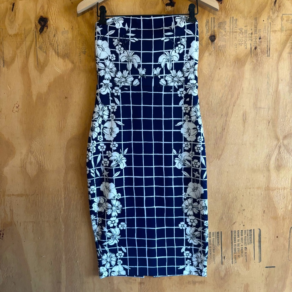 Express Navy Floral Checkered Strapless Bodycon Dress Size 2